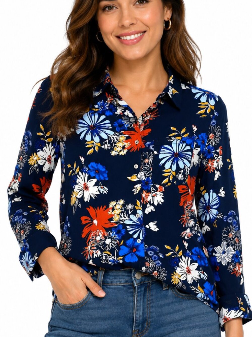 intro. Navy Orange Blue Yellow Floral Long Sleeve Button Up Blouse